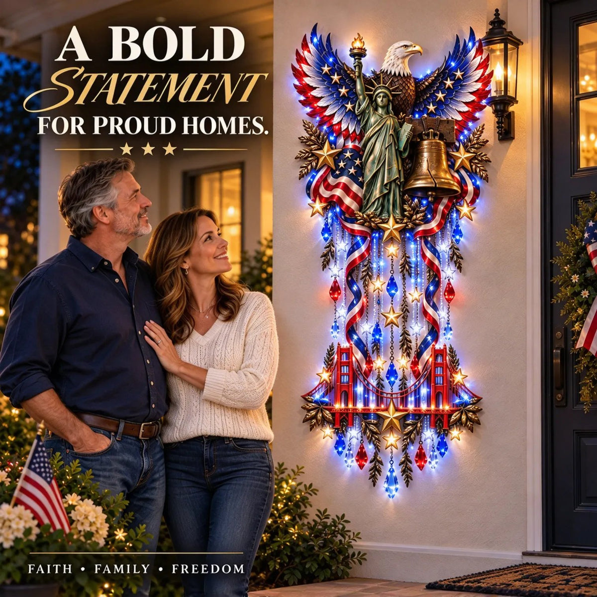 American patriotic LED wall decoration displayed on a front porch