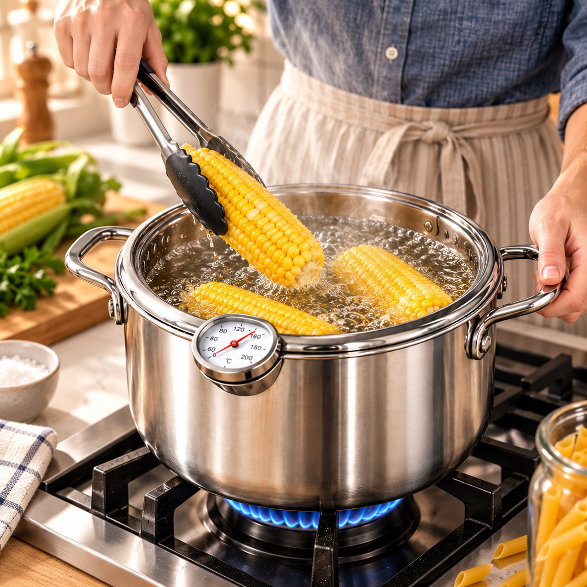 🍤 Stainless Steel Fryer Pot with Thermometer & Drain Rack – Crispy Frying Made Easier