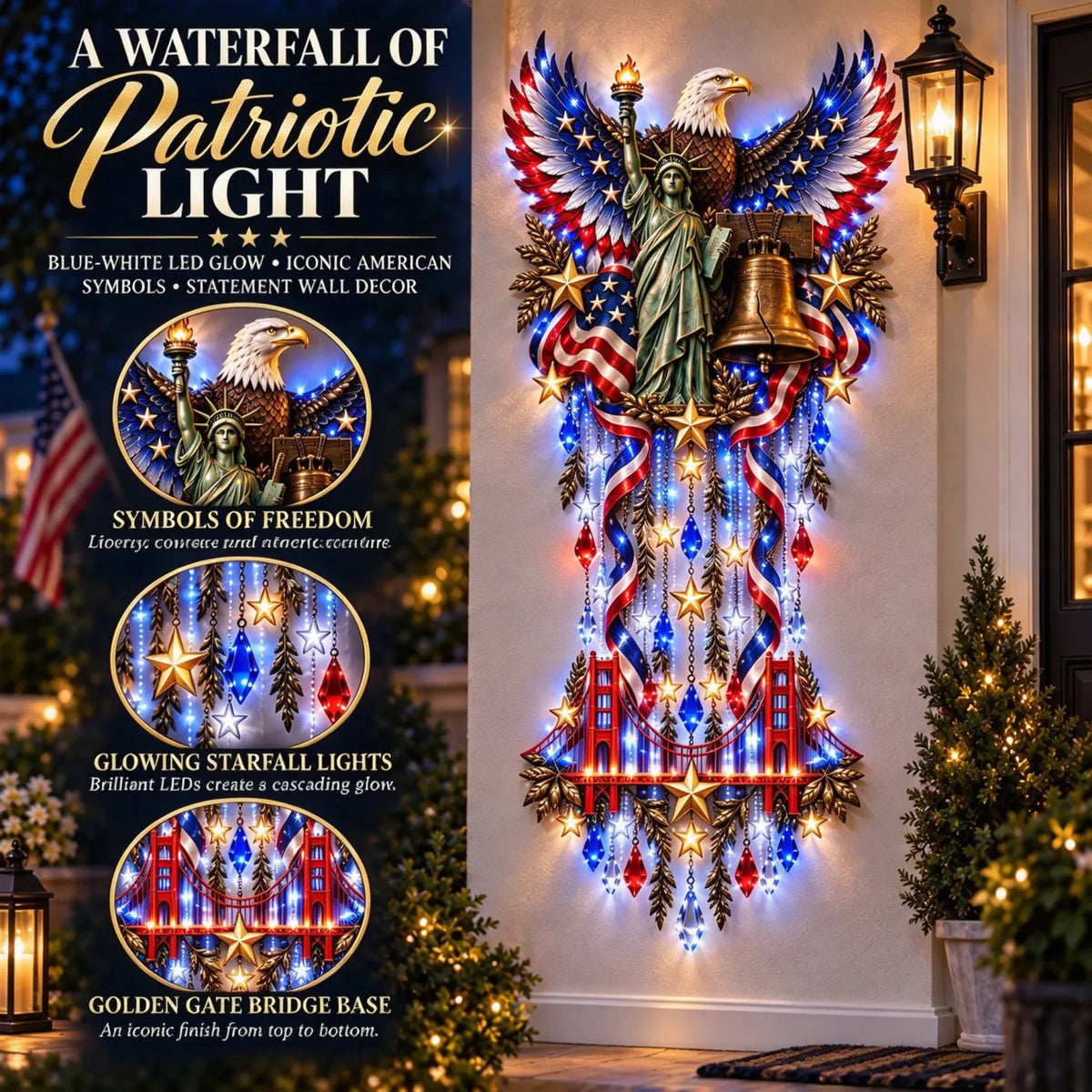 American patriotic wall decor symbols and cascading lights