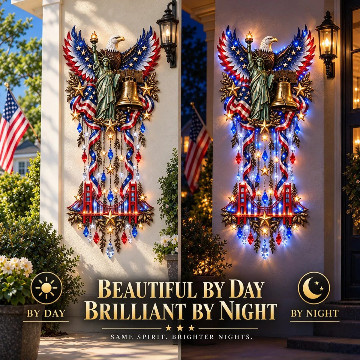 American Pride LED Waterfall Wall Decor day and night