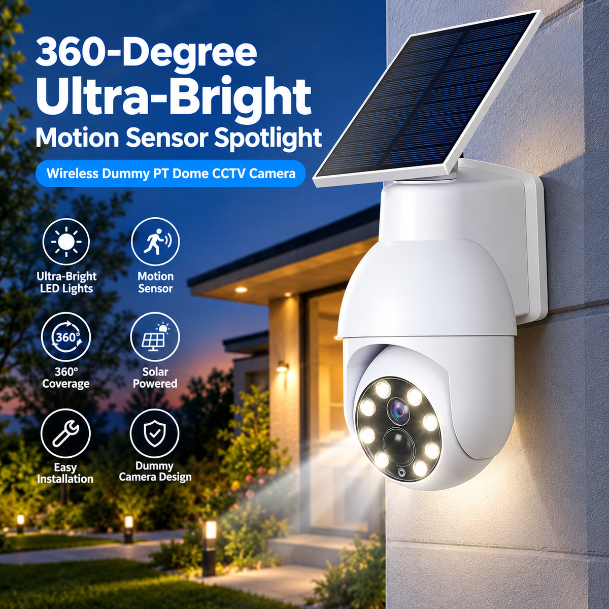 360° Ultra-Bright Motion Sensor Spotlight|Wireless Dummy PT Dome CCTV Camera