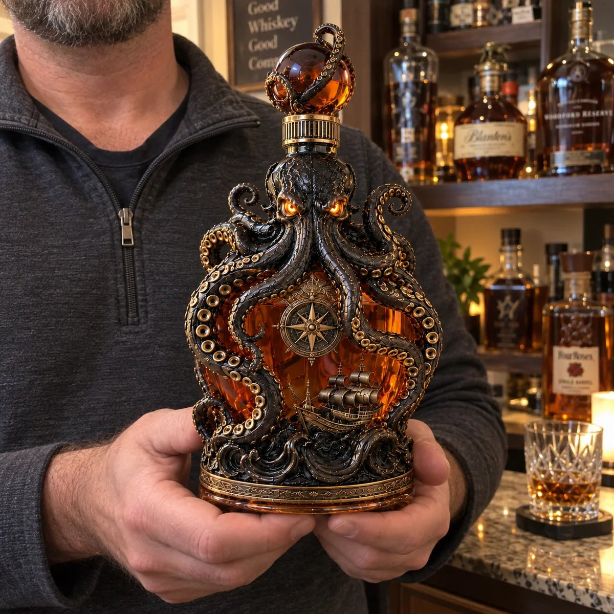 🐙Kraken Voyage Octopus Whiskey Decanter | Gothic Nautical Bar Centerpiece